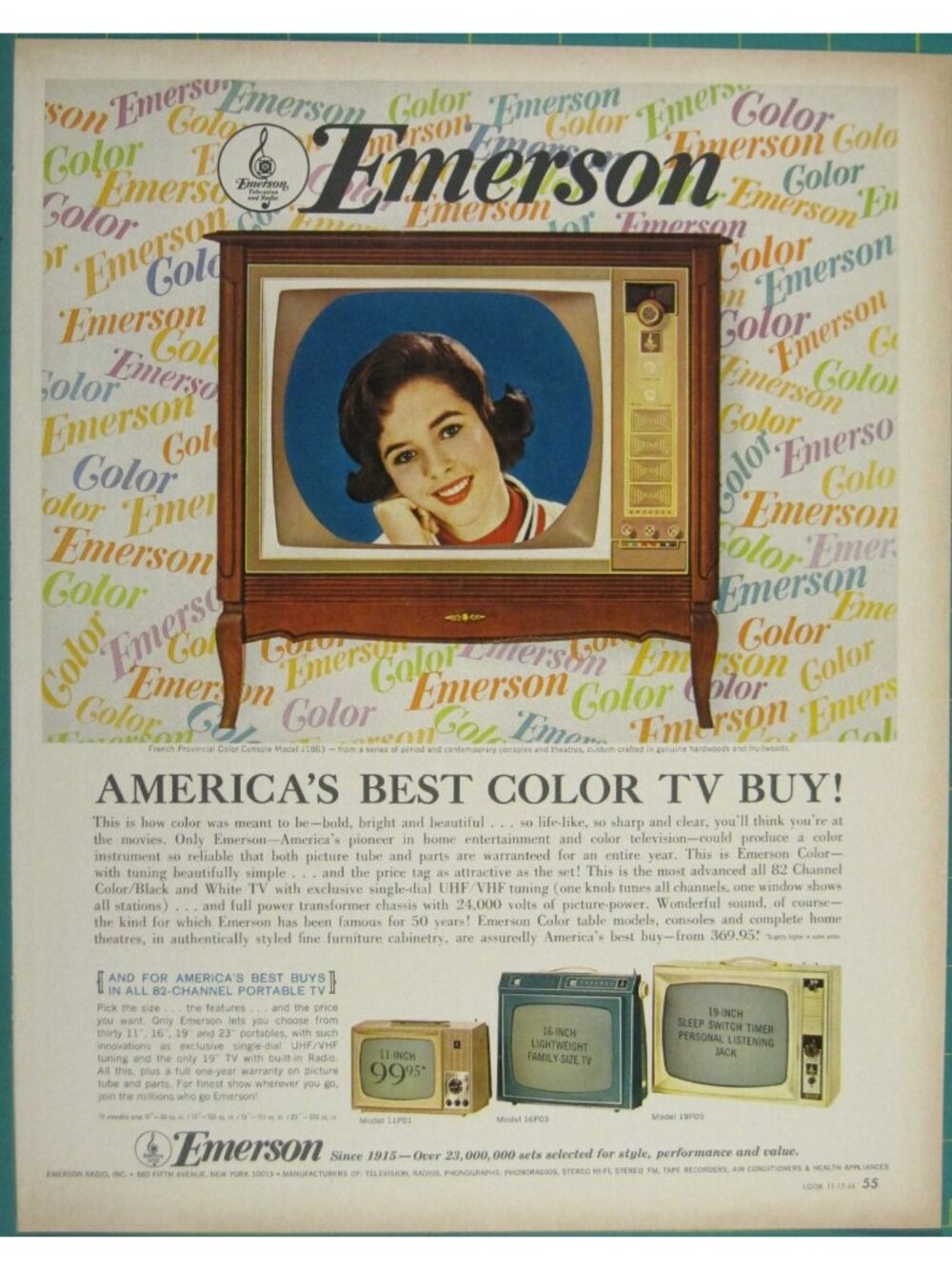 Print Ad Emerson Color TV Americas Best Buy 1963 Retro Vintage Electronics Décor